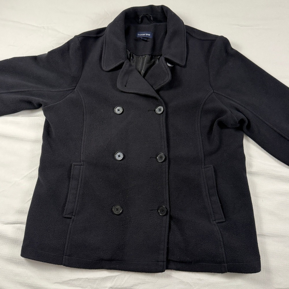 Lands End Black ThermaCheck Fleece Pea Coat XL 18-20 Double Breasted Jacket